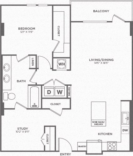 A black and white floor plan of an apartment with a balcony, study, and kitchen.